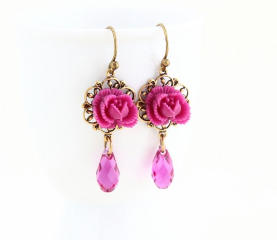 magenta flower earrings