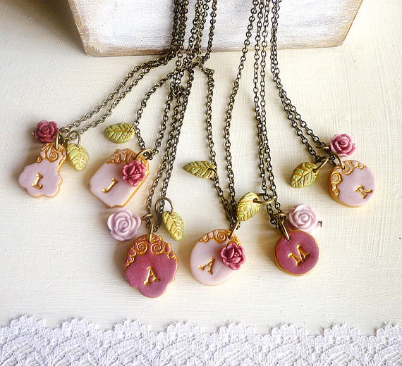 marsala dusty pink initial necklaces for bridesmaids | by Palomaria | bridesmaid necklaces initials | https://emmalinebride.com/gifts/bridesmaid-necklaces-initials
