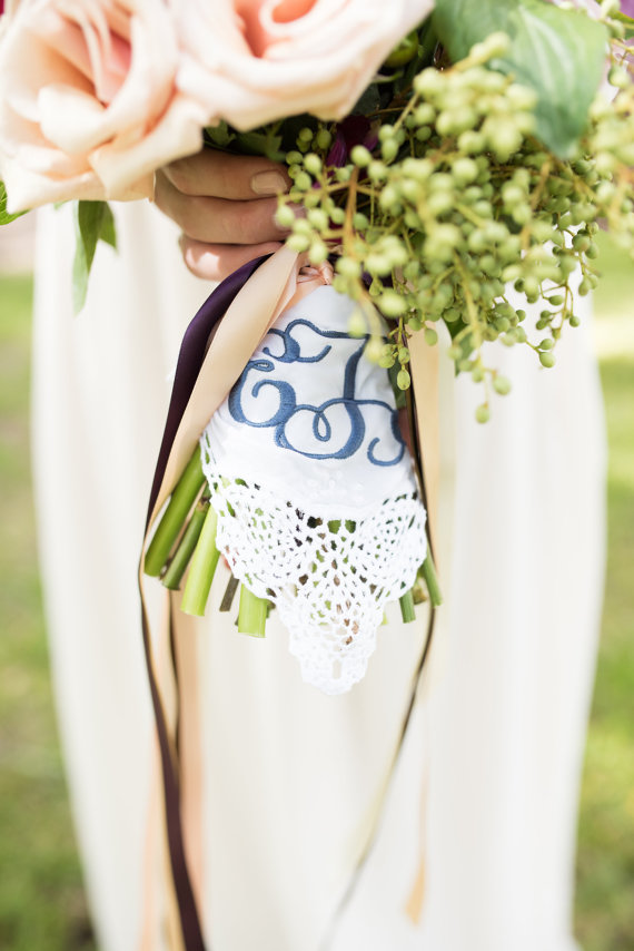 navy embroidered handkerchief bridal bouquet wraps | wedding bouquet wraps: https://emmalinebride.com/bouquets/wedding-bouquet-wraps/