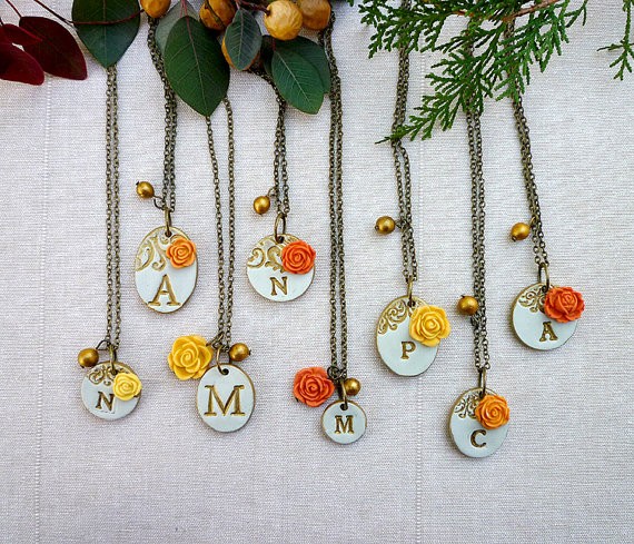 orange and yellow initial necklaces for bridesmaids | by Palomaria | bridesmaid necklaces initials | https://emmalinebride.com/gifts/bridesmaid-necklaces-initials