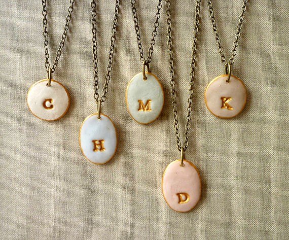 pastel initial necklaces for bridesmaids | by Palomaria | bridesmaid necklaces initials | https://emmalinebride.com/gifts/bridesmaid-necklaces-initials