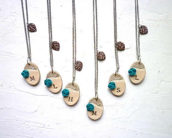 peacock blue initial necklaces for bridesmaids | by Palomaria | bridesmaid necklaces initials | https://emmalinebride.com/gifts/bridesmaid-necklaces-initials