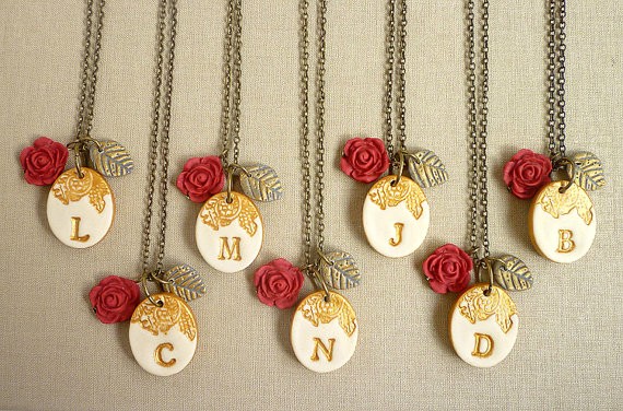 red rose initial necklaces for bridesmaids | by Palomaria | bridesmaid necklaces initials | https://emmalinebride.com/gifts/bridesmaid-necklaces-initials