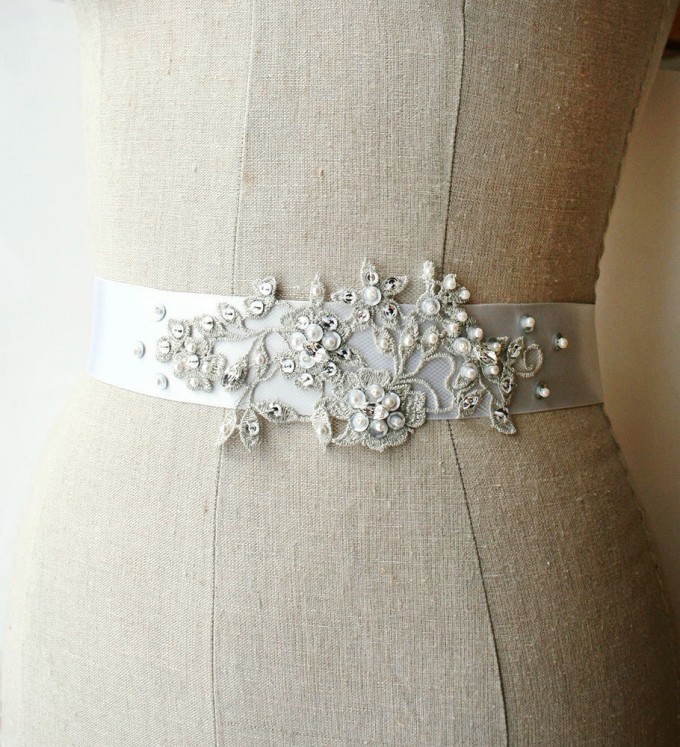 Silvery gray dress sash with beading | by Laura Stark | sashes dress | https://emmalinebride.com/bride/bridal-sashes-dress