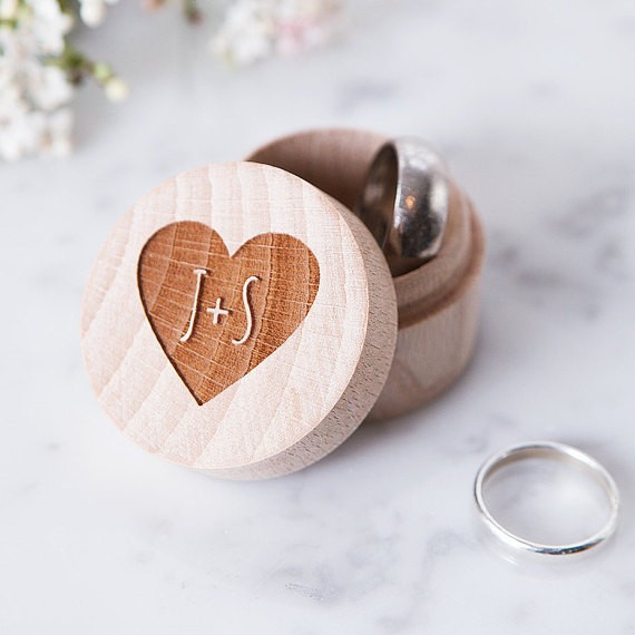 engraved round wood box by cloudsandcurrents | 41 Beautiful Rustic Ring Pillows Etsy | https://emmalinebride.com/rustic/ring-pillows-etsy-weddings/