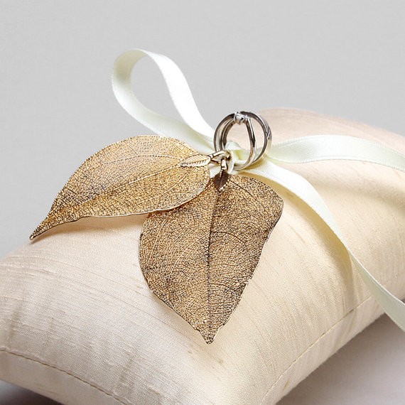 gold leaf ring pillow by louloudimeli | 41 Beautiful Rustic Ring Pillows Etsy | https://emmalinebride.com/rustic/ring-pillows-etsy-weddings/