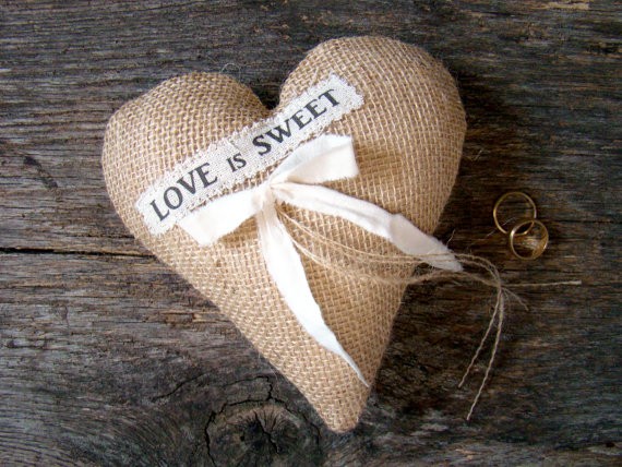 love is sweet burlap heart ring pillow | 41 Beautiful Rustic Ring Pillows Etsy | https://emmalinebride.com/rustic/ring-pillows-etsy-weddings/