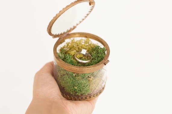 vintage glass ring bearer box with moss by lepetitmariage | 41 Beautiful Rustic Ring Pillows Etsy | https://emmalinebride.com/rustic/ring-pillows-etsy-weddings/
