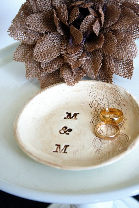 wedding ring dish with stamped initials by hawthornehill | 41 Beautiful Rustic Ring Pillows Etsy | https://emmalinebride.com/rustic/ring-pillows-etsy-weddings/