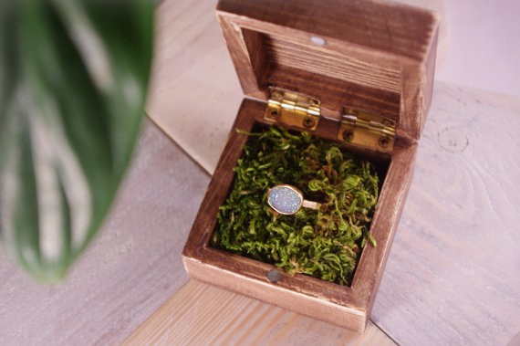wooden ring box with moss | 41 Beautiful Rustic Ring Pillows Etsy | https://emmalinebride.com/rustic/ring-pillows-etsy-weddings/