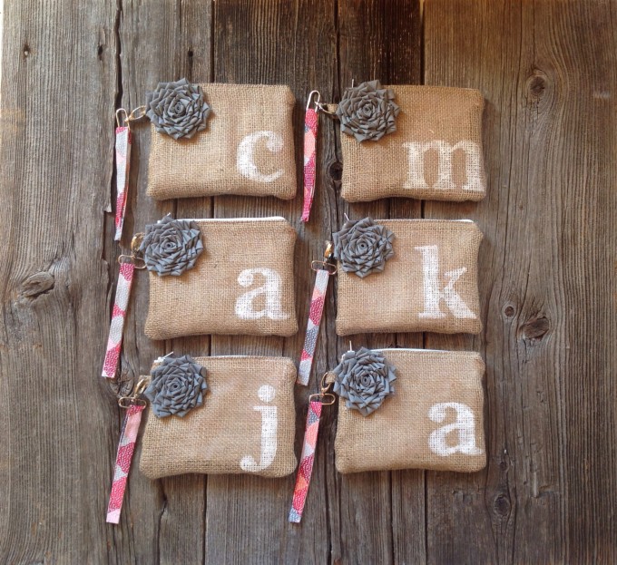 bridesmaid wristlets in burlap with initial