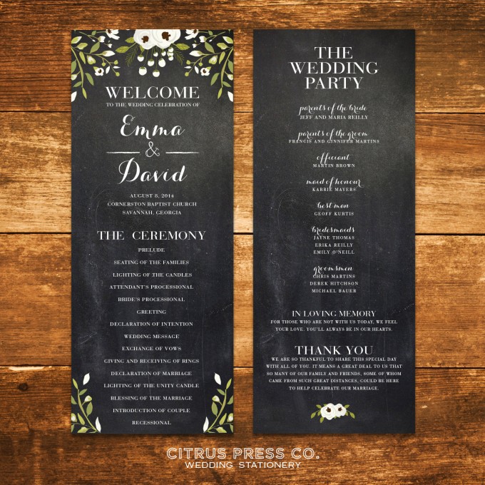 Chalkboard Ceremony Program for Weddings | By Citrus Press Co. | https://emmalinebride.com/wedding/chalkboard-ceremony-program/ ‎
