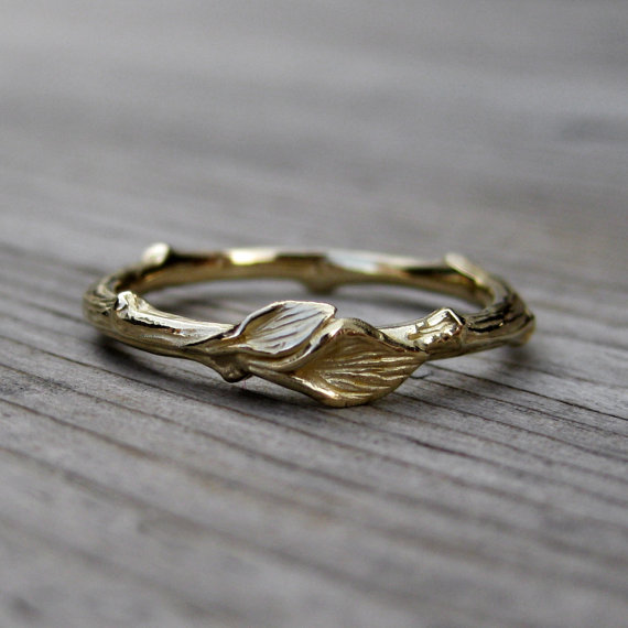 gold rustic wedding band with leaves | rustic wedding rings by Kristin Coffin Jewelry https://emmalinebride.com/rustic/wedding-rings/