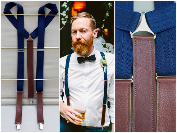 leather navy suspenders by bymaryjanelane | via 40+ Best Leather Groomsmen Gifts for Weddings | https://emmalinebride.com/gifts/leather-groomsmen-gifts/