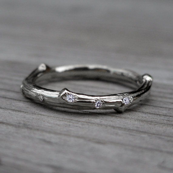 scattered diamond twig band in white gold | rustic wedding rings by Kristin Coffin Jewelry https://emmalinebride.com/rustic/wedding-rings/