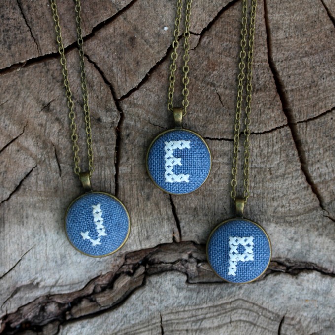 blue initial necklaces | Hand Stitched Initial Necklaces - https://emmalinebride.com/wedding/hand-stitched-initial-necklaces/
