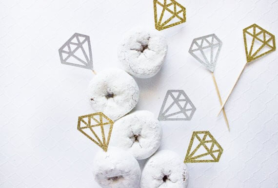 diamond donut toppers by paperlypress | via 21 Totally Fun Ring Themed Bridal Shower Ideas → https://emmalinebride.com/planning/ring-themed-bridal-shower/