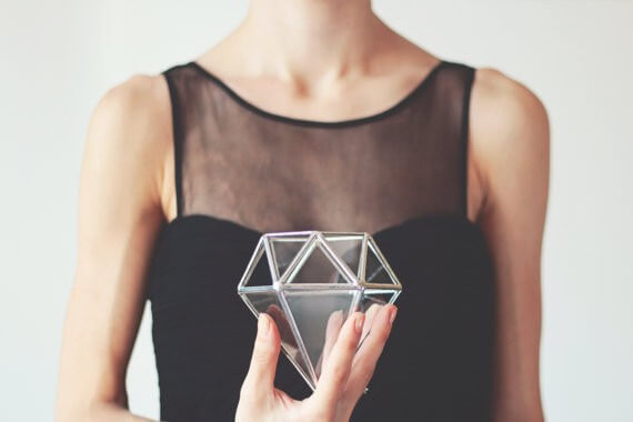 geometric glass diamond box by waen | via 21 Totally Fun Ring Themed Bridal Shower Ideas → https://emmalinebride.com/planning/ring-themed-bridal-shower/