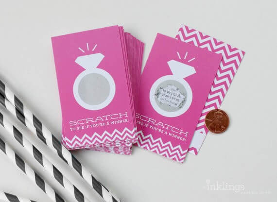 hot pink scratch off ring theme bridal shower card game | via 21 Totally Fun Ring Themed Bridal Shower Ideas → https://emmalinebride.com/planning/ring-themed-bridal-shower/