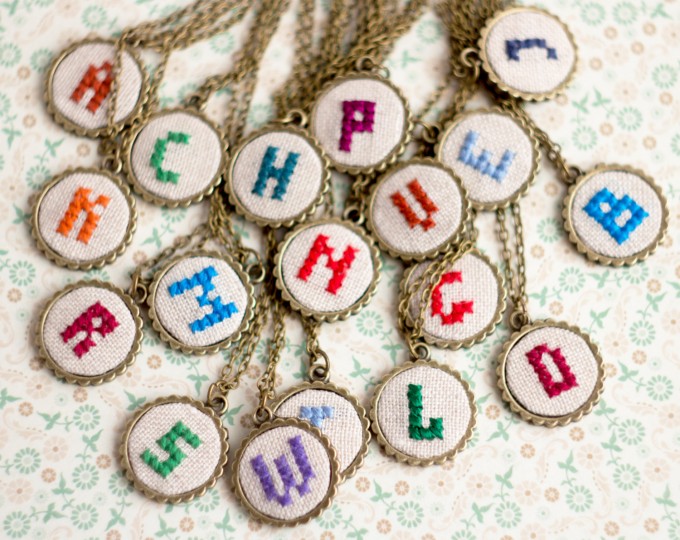 initial necklaces embroidered | Hand Stitched Initial Necklaces - https://emmalinebride.com/wedding/hand-stitched-initial-necklaces/