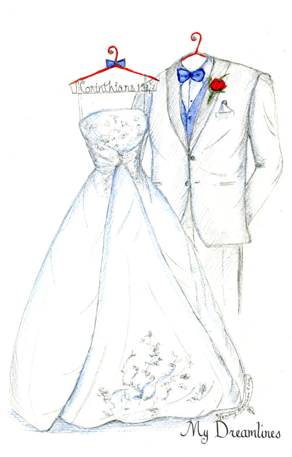 wedding dress and suit sketch
