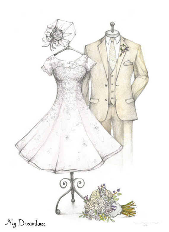 wedding dress veil and suit sketch