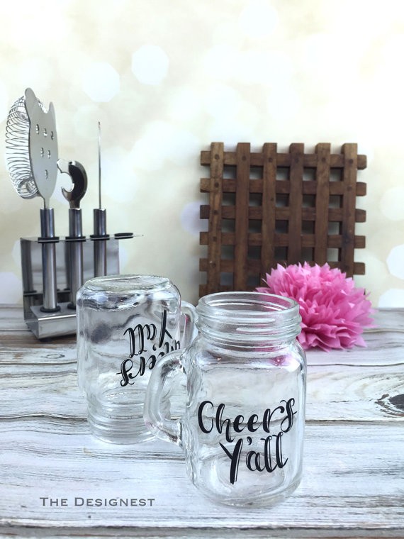 cheers yall mini mason jar shot glasses | country bridesmaid gifts under $25 via https://emmalinebride.com/rustic/country-bridesmaid-gifts/