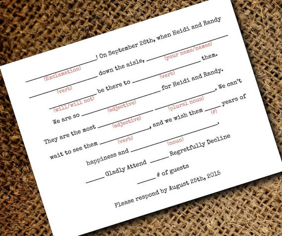 mad lib rsvp card via 26 Things Guests Love at Weddings from A to Z | https://emmalinebride.com/planning/things-guests-love-at-weddings/ ‎
