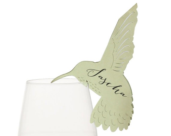 sage place cards with hummingbird in sage | via Sage Wedding Ideas from https://emmalinebride.com/color/sage-green-wedding-ideas/