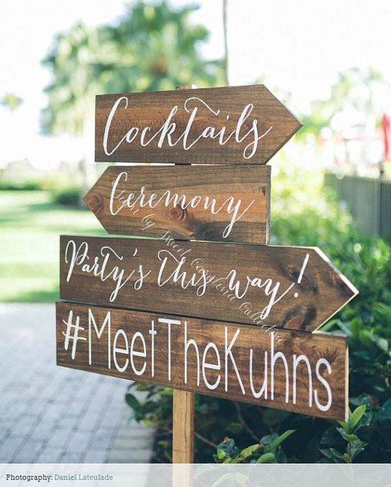 wedding directional sign cocktails via 26 Things Guests Love at Weddings from A to Z | https://emmalinebride.com/planning/things-guests-love-at-weddings/ ‎