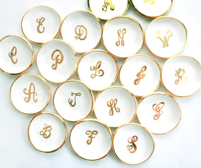 Round Monogram Ring Dish by Susan Gordon Pottery | http://etsy.me/2cBOEgG | via Emmaline Bride's Handmade-a-Day Pick: https://emmalinebride.com/wedding/heart-shaped-ring-dish/