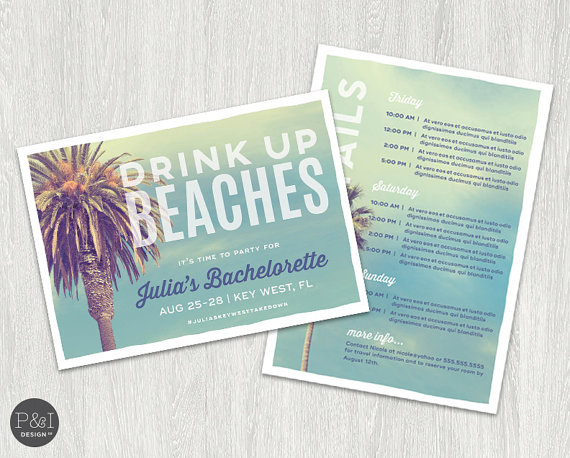Drink Up Beaches Invitations by Paper and Ink Design Co | via Palm Tree Bachelorette Party Ideas http://bit.ly/2db3WOL