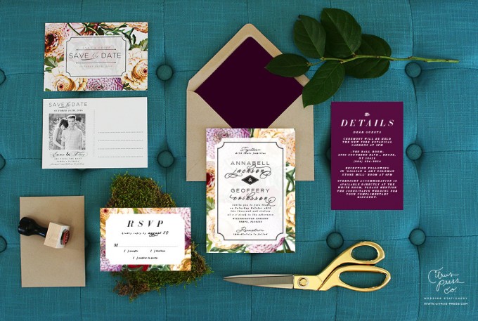 Invitation by Citrus Press Co. via How to Get Guests to RSVP to your Wedding | https://emmalinebride.com/etiquette/how-to-get-guests-to-rsvp/