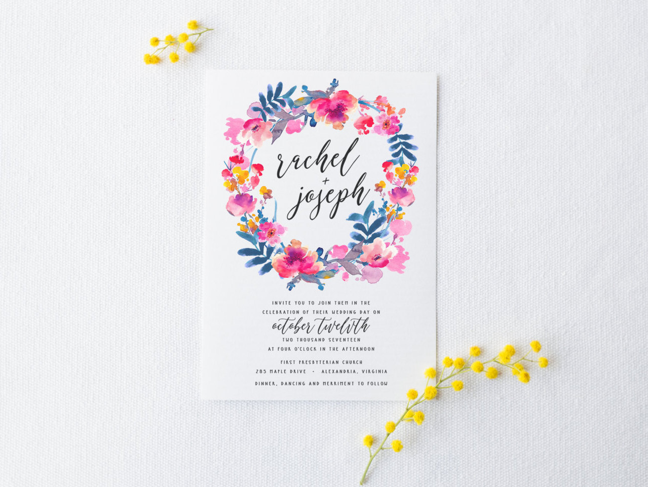 Hot pink watercolor printable wedding invitation by Splash of Silver