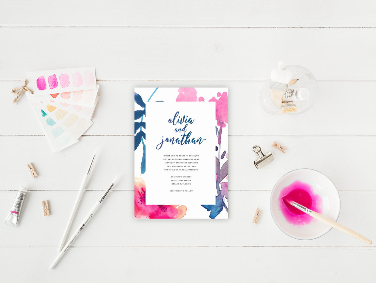Watercolor themed printable wedding invitation by Splash of Silver