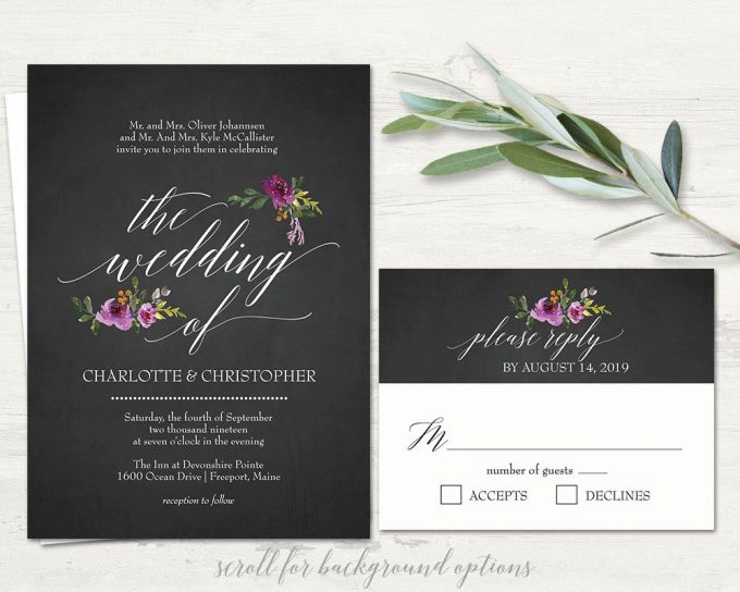 chalkboard floral invitation via free wedding invitations giveaway | https://emmalinebride.com/2017-giveaway/giveaway-win-free-wedding-invitations/