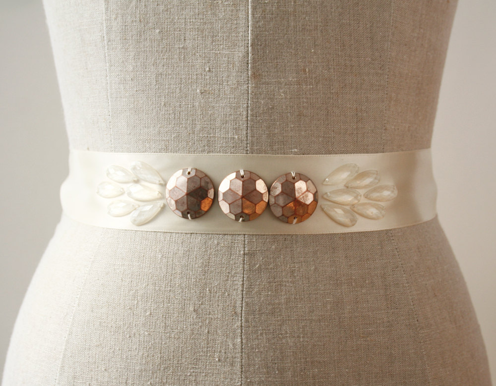 copper sash | elegant bridal sashes by laura stark | https://emmalinebride.com/bride/elegant-bridal-sashes/