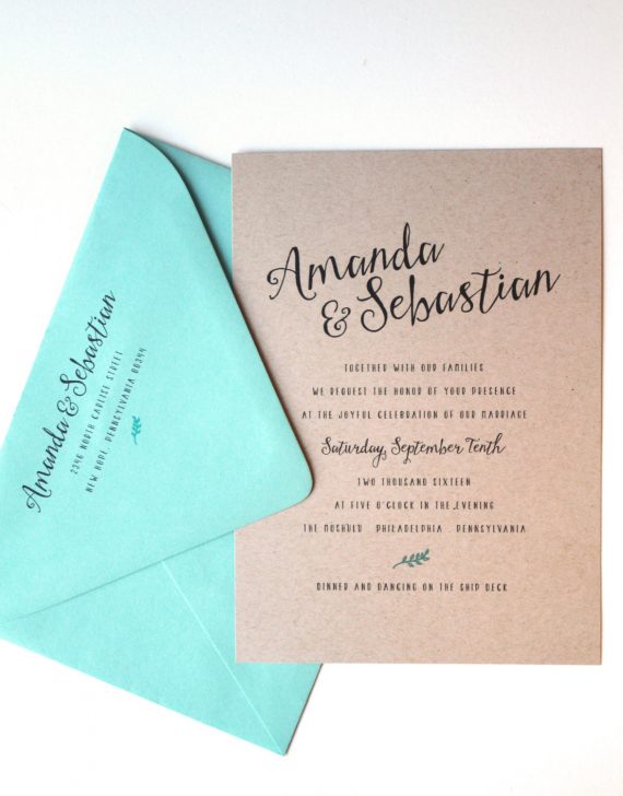 mint and kraft wedding invitations by golden silhouette