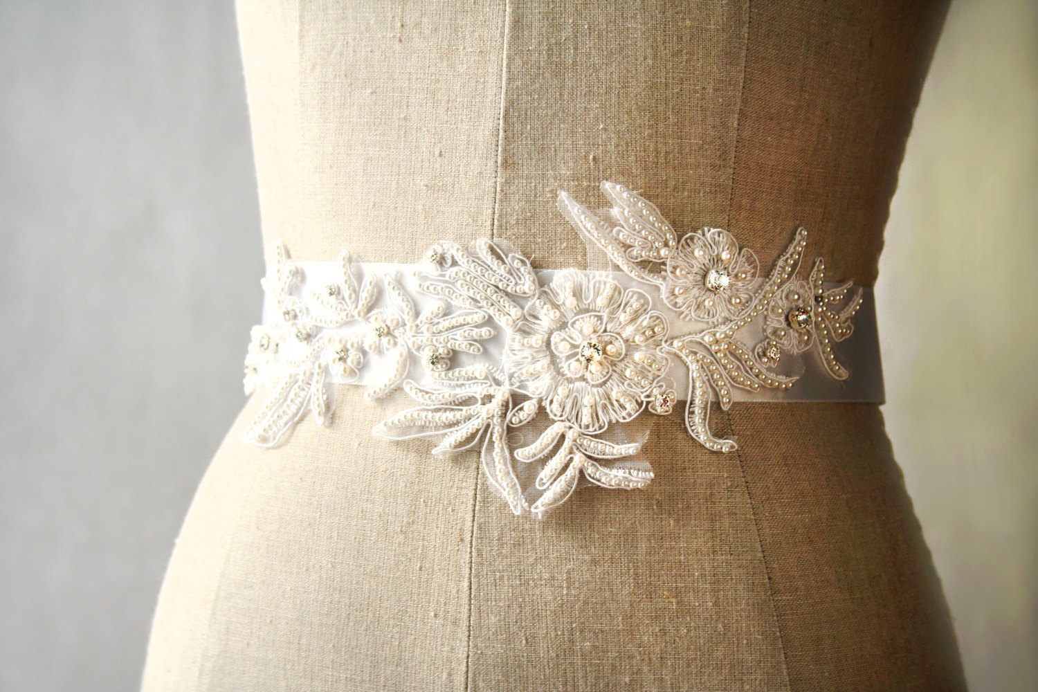 pearl flowers | elegant bridal sashes by laura stark | https://emmalinebride.com/bride/elegant-bridal-sashes/