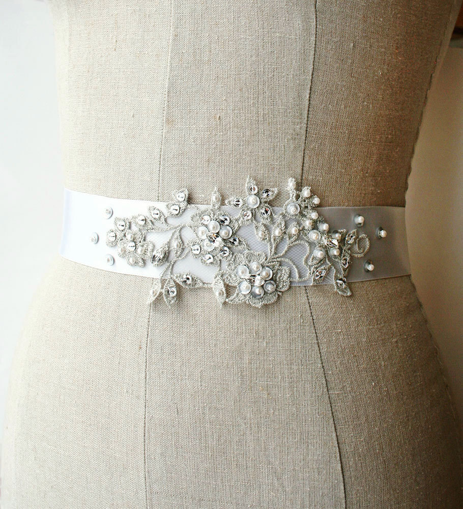 silvery grey | elegant bridal sashes by laura stark | https://emmalinebride.com/bride/elegant-bridal-sashes/