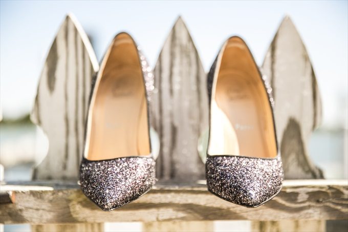 bride's glittery heels in this Crystal Coast Wedding | North Carolina wedding photographed by Ellen LeRoy Photography - https://emmalinebride.com/real-weddings/breathtaking-crystal-coast-wedding-mara-will-married/
