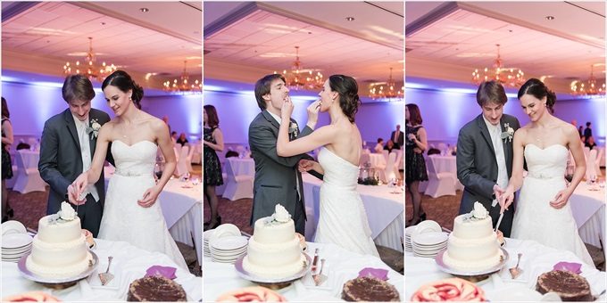 bride and groom cut the wedding cake at this Sedgefield Country Club wedding| Greensboro, North Carolina winter wedding photographed by Michelle Robinson Photography - https://emmalinebride.com/real-weddings/sedgefield-country-club-wedding/