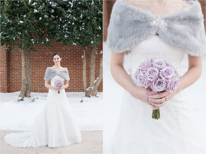 winter wedding with bride and her bouquet in this Sedgefield Country Club wedding| Greensboro, North Carolina wedding photographed by Michelle Robinson Photography - https://emmalinebride.com/real-weddings/sedgefield-country-club-wedding/