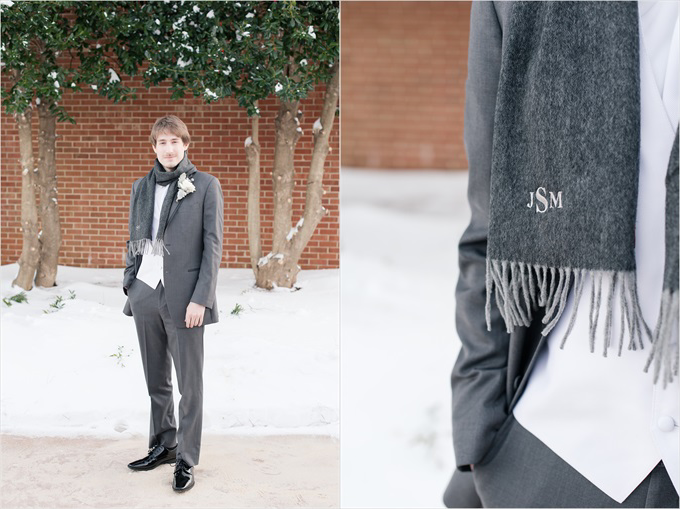 groom with monogram scarf in this Sedgefield Country Club wedding| Greensboro, North Carolina winter wedding photographed by Michelle Robinson Photography - https://emmalinebride.com/real-weddings/sedgefield-country-club-wedding/