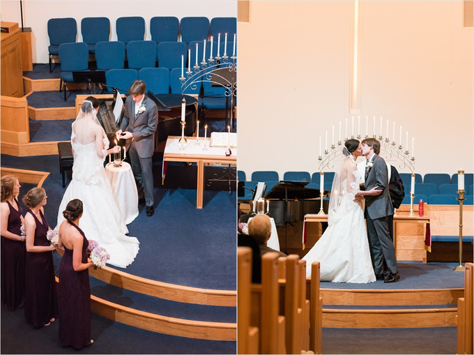 bride and groom kiss in the church at this Sedgefield Country Club wedding| Greensboro, North Carolina winter wedding photographed by Michelle Robinson Photography - https://emmalinebride.com/real-weddings/sedgefield-country-club-wedding/