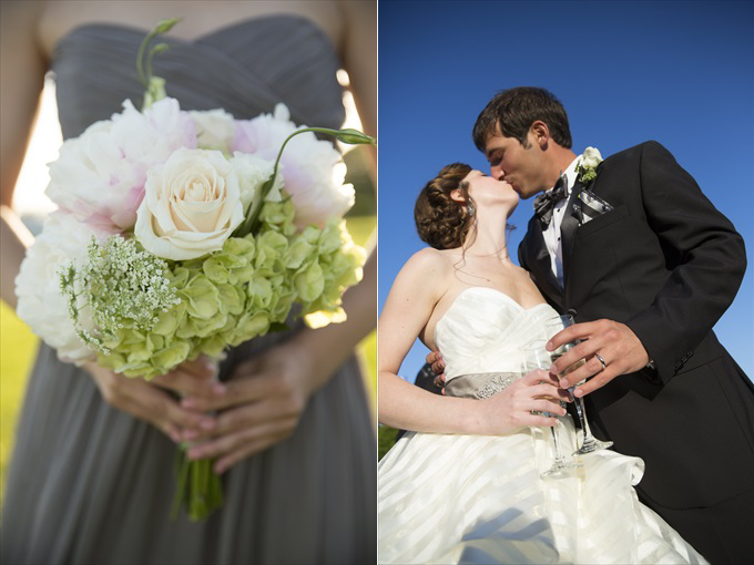 bride's bouquet and kiss with groom in this Crystal Coast Wedding | North Carolina wedding photographed by Ellen LeRoy Photography - https://emmalinebride.com/real-weddings/breathtaking-crystal-coast-wedding-mara-will-married/