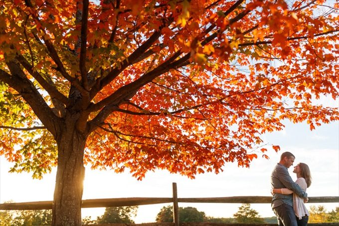 couple hugs under fall leaves| engagement photography by Butler Photography LLC.| Love Fall Weddings? See this Somers, CT Engagement Session - https://emmalinebride.com/real-weddings/love-the-fall-weddings-see-this-somers-ct-engagement-session/