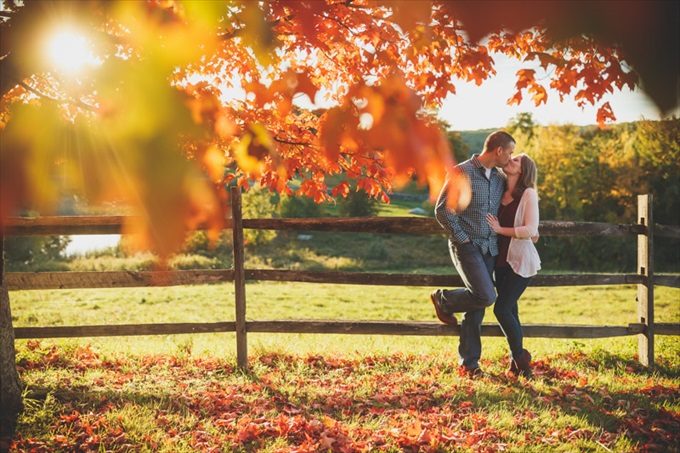 couple kisses in fall engagement session| engagement photography by Butler Photography LLC.| Love Fall Weddings? See this Somers, CT Engagement Session - https://emmalinebride.com/real-weddings/love-the-fall-weddings-see-this-somers-ct-engagement-session/
