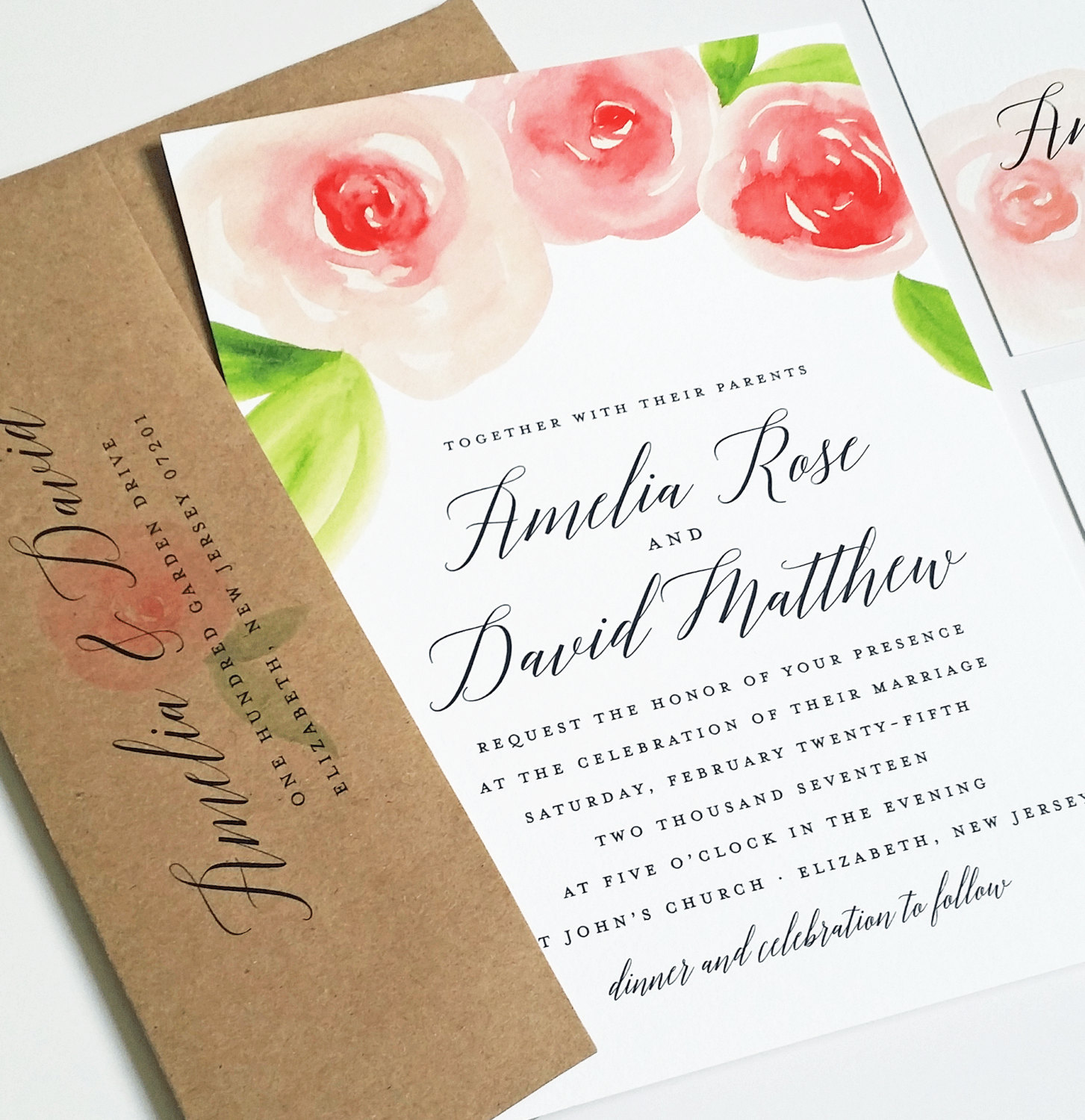 rose watercolor wedding invitations