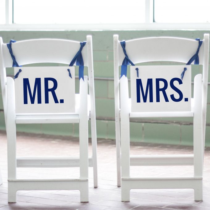 Mr and Mrs Chair Signs - via https://emmalinebride.com/decor/mr-and-mrs-chair-signs/